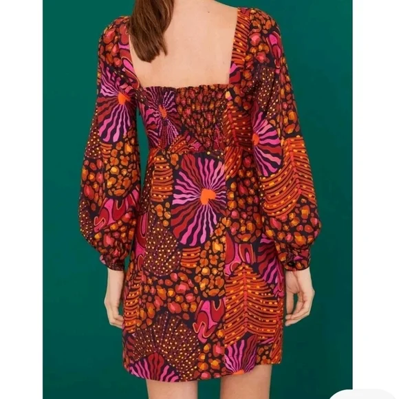 Farm Rio Leopard Hearts Long Sleeve Mini Dress Size XS Sweetheart Neckline - Picture 2 of 16